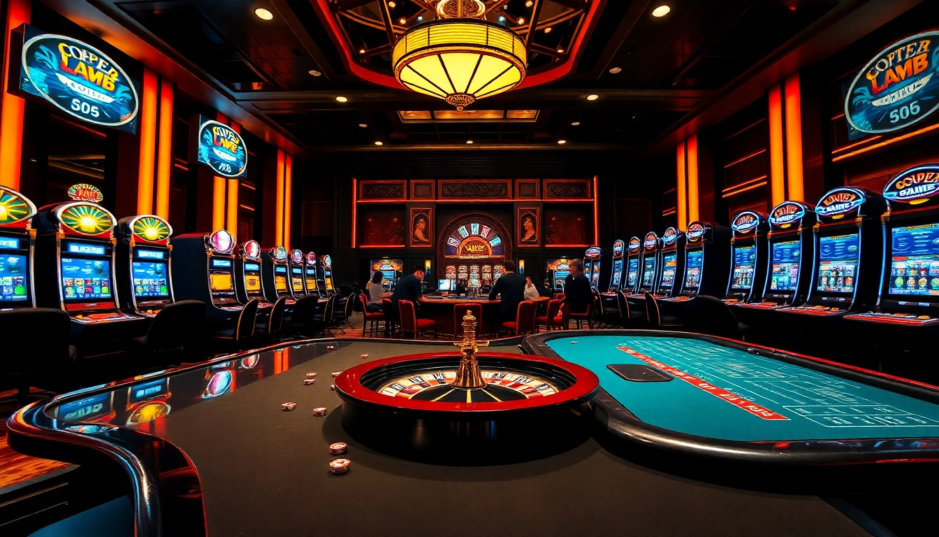 Exciting gambling scene at XX88 with poker tables and vivid slot machines.