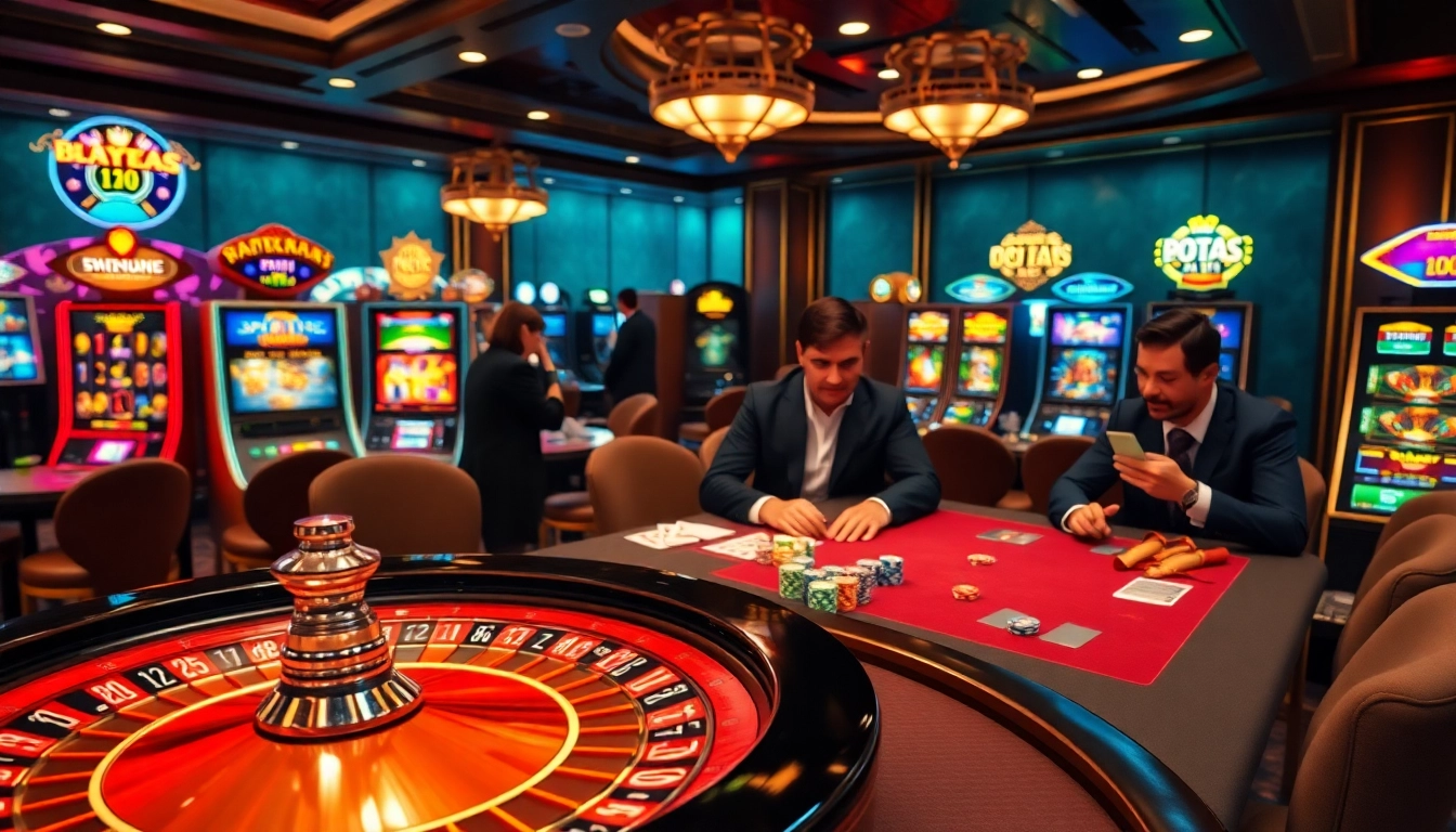 DOLA789 engaging players at a luxurious casino table with roulette wheels and poker chips.