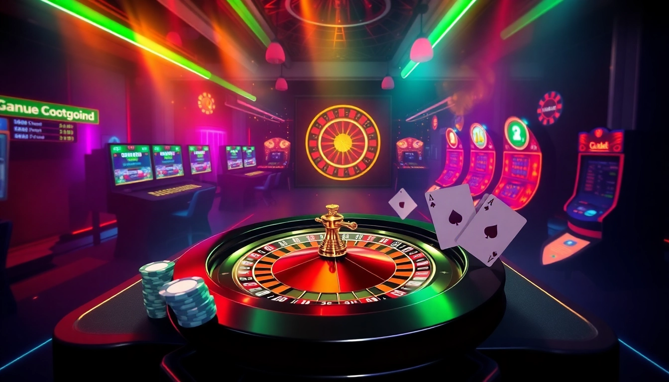 Experience thrilling gameplay at https://jun88.buzz/ with dynamic casino visuals showcasing roulette, poker chips, and vibrant slots.