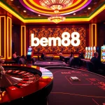 Excited players engaging in high-stakes games at bem88 casino, featuring roulette and slot machines.