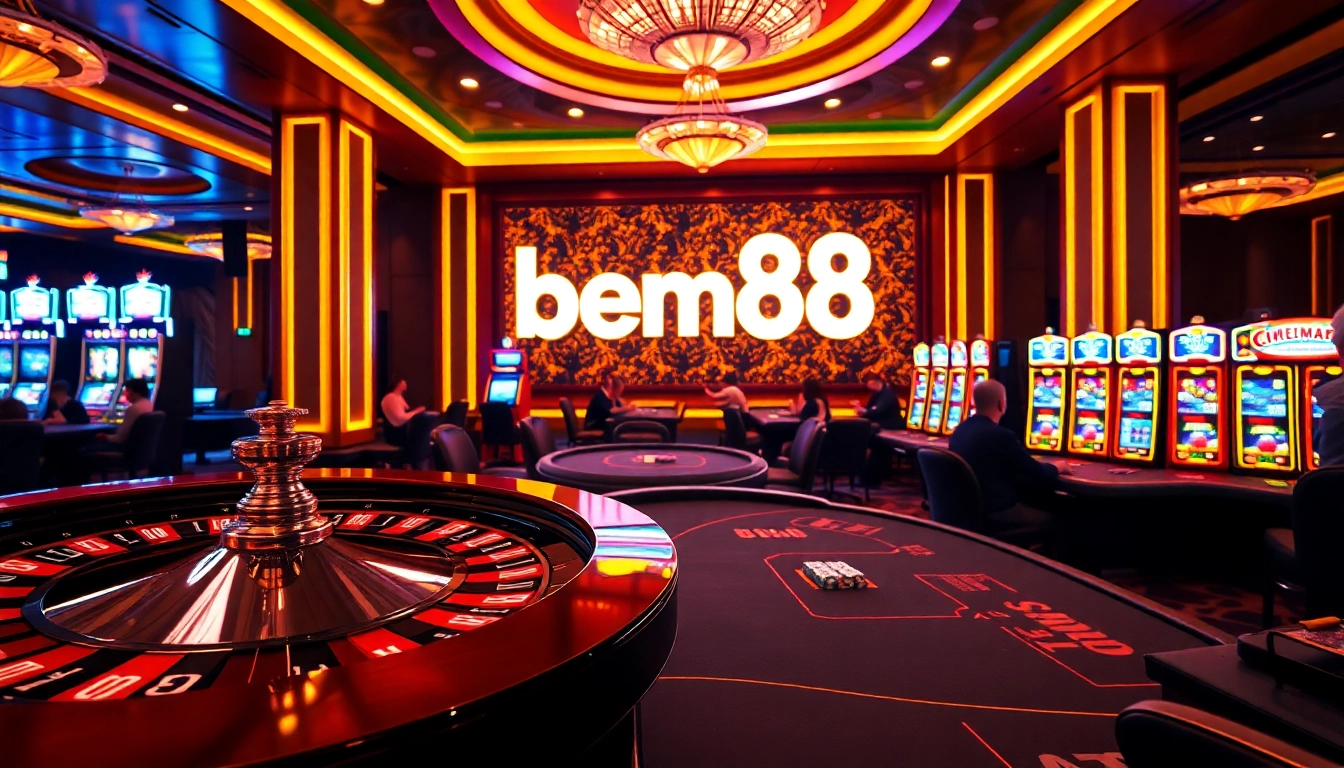 Excited players engaging in high-stakes games at bem88 casino, featuring roulette and slot machines.