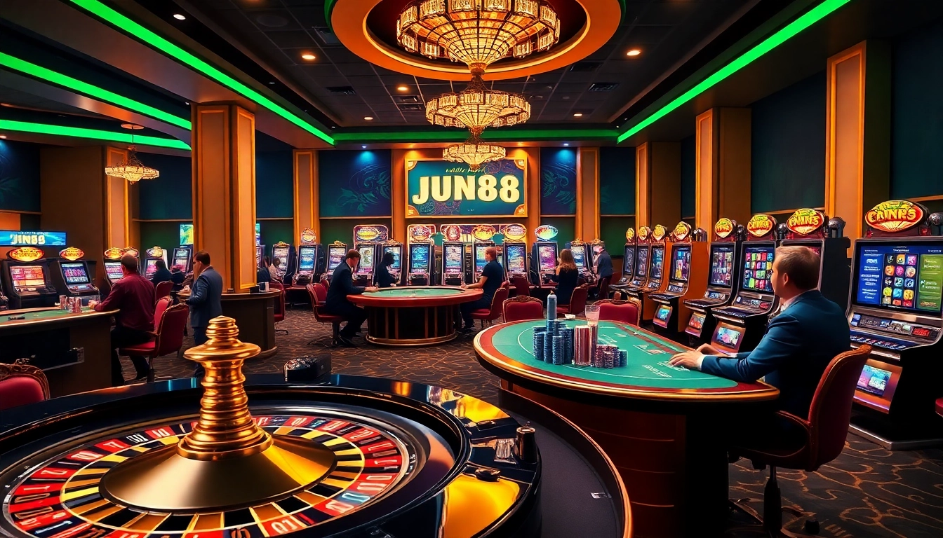 Engage with the luxurious gaming experience at https://jun88.pizza/, featuring a roulette wheel and casino tables.