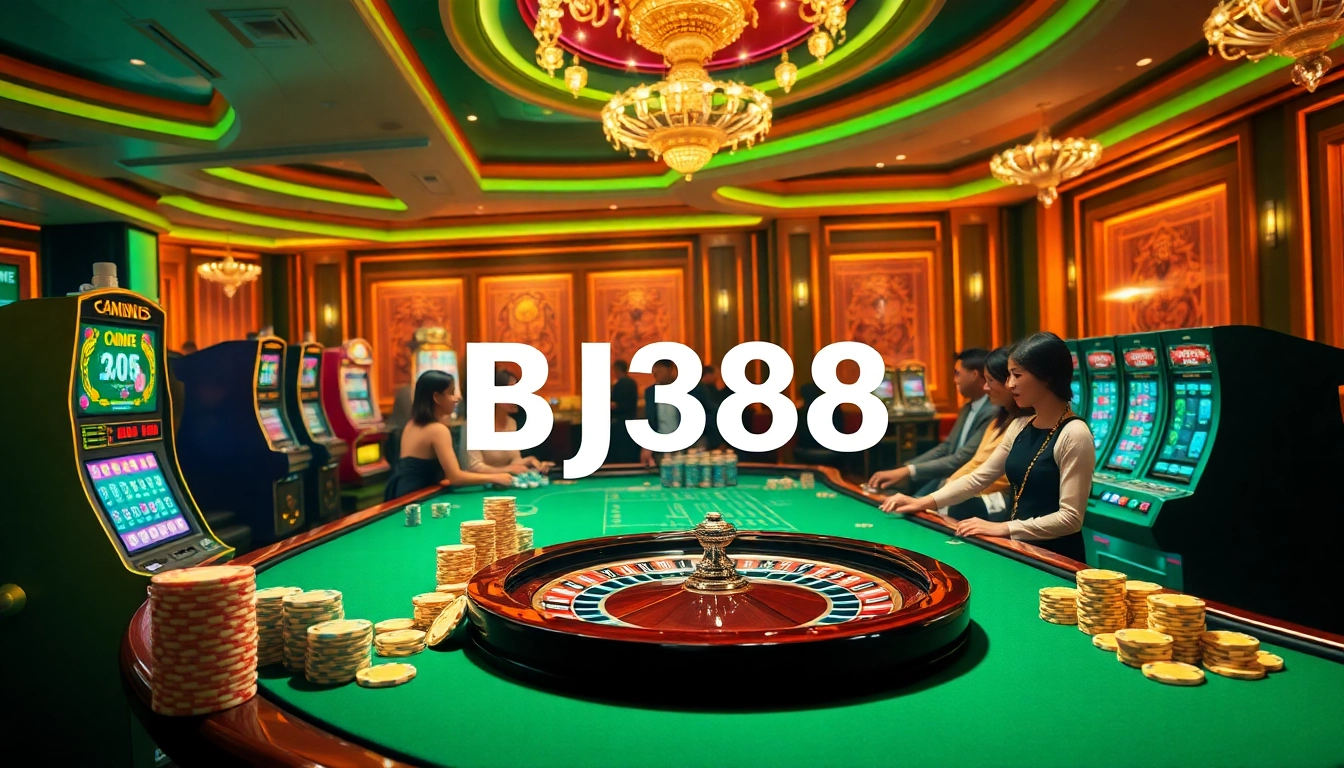 Players enjoying a thrilling betting experience at BJ388 casino, showcasing vibrant chips and exciting games.