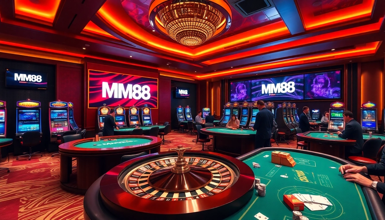 MM88 gaming scene with roulette wheels, poker tables, and vibrant slot machines.