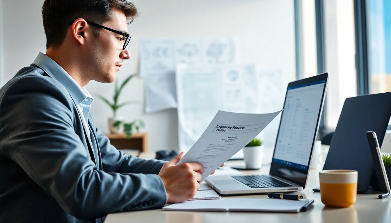 Headhunter Ingenieure analysiert Lebensläufe in einem modernen Büro mit professioneller Umgebung.