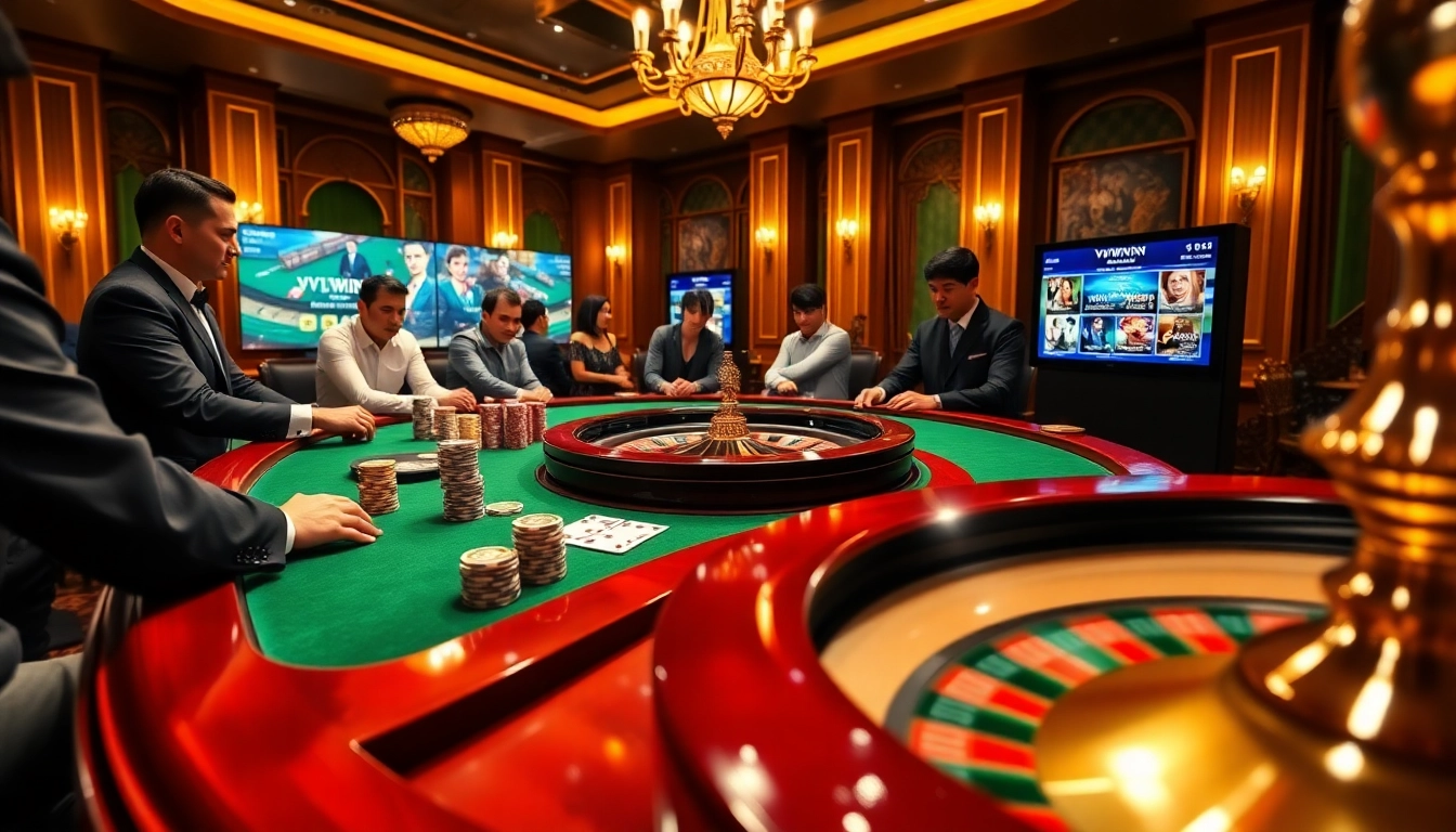 Engaging players at VVVWIN's luxurious casino table, showcasing cards and poker chips.