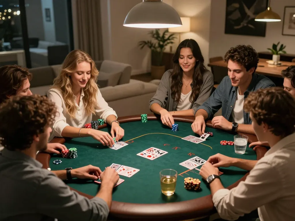 Friends enjoying a poker night at home, playing Texas Hold'em while engaging in friendly competition, representing the essence of rikvip gaming.