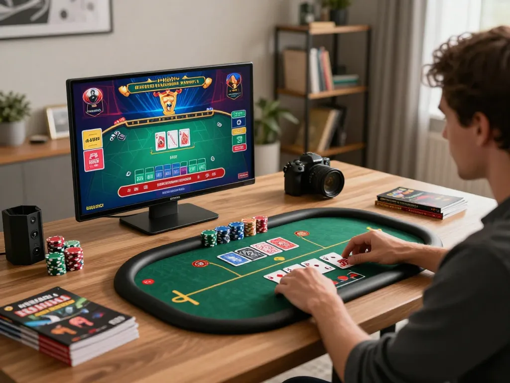 Engaging with sun win live dealer games on a tablet in a stylish home office.