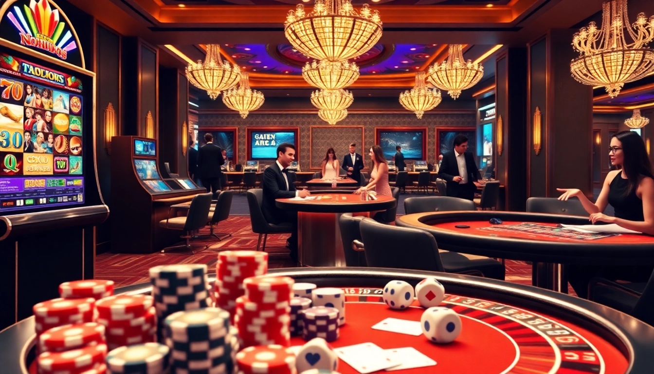 Nohu90's vibrant online casino scene with players enjoying games at tables and slot machines.