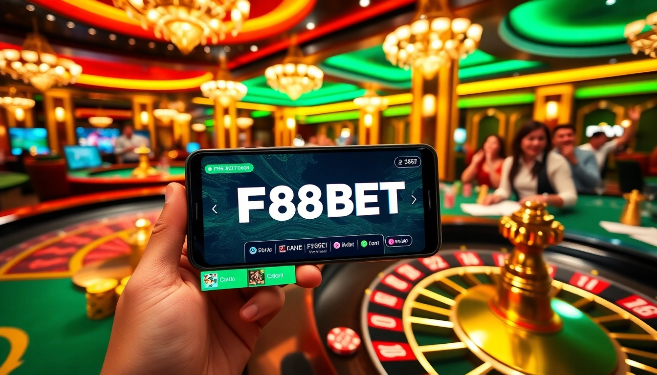 Engaging gamblers at F88BET with vibrant casino tables and mobile interfaces.