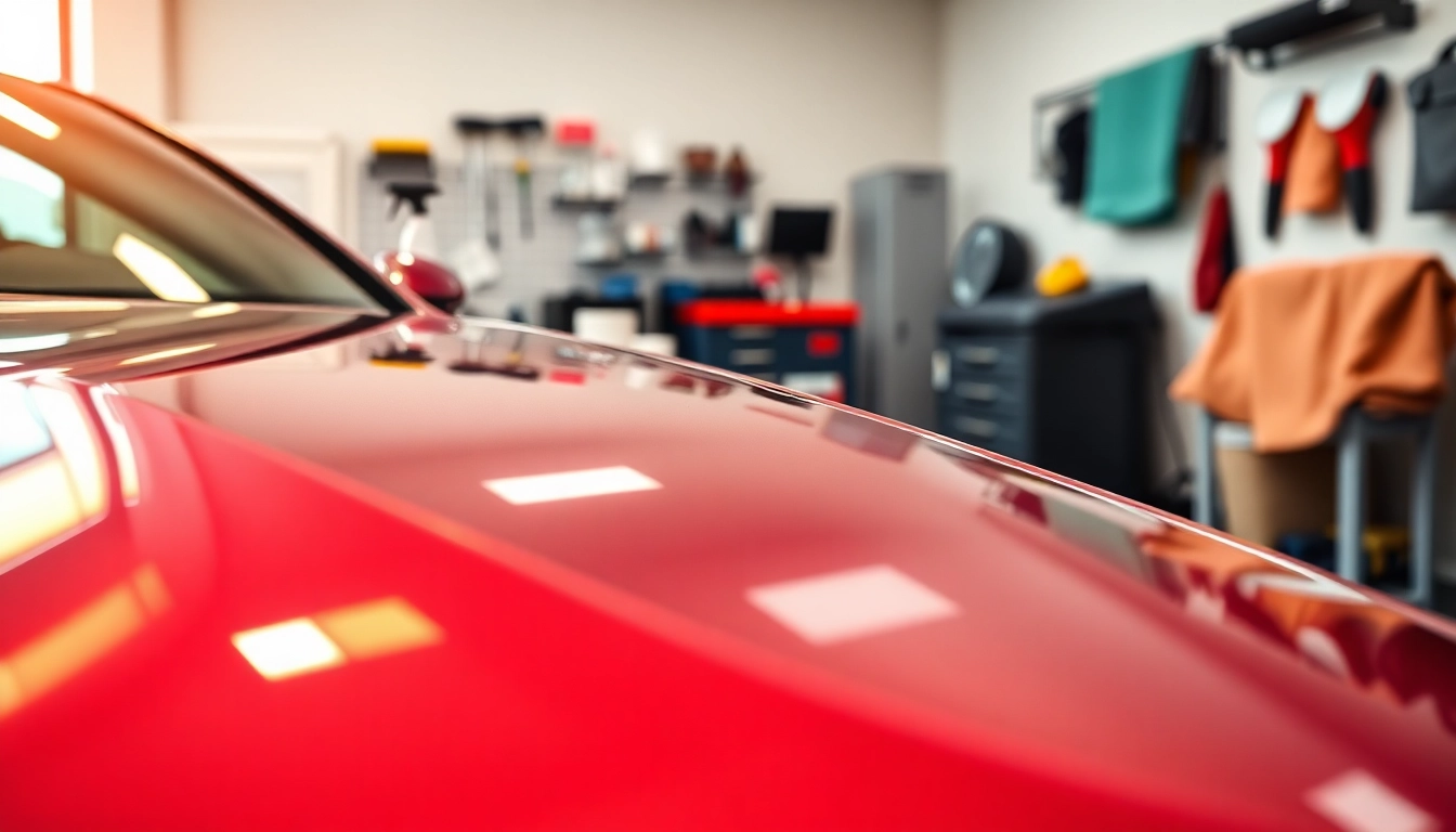 Fahrzeugaufbereitung mit professioneller Politur und Pflegematerialien in einer modernen Garage.
