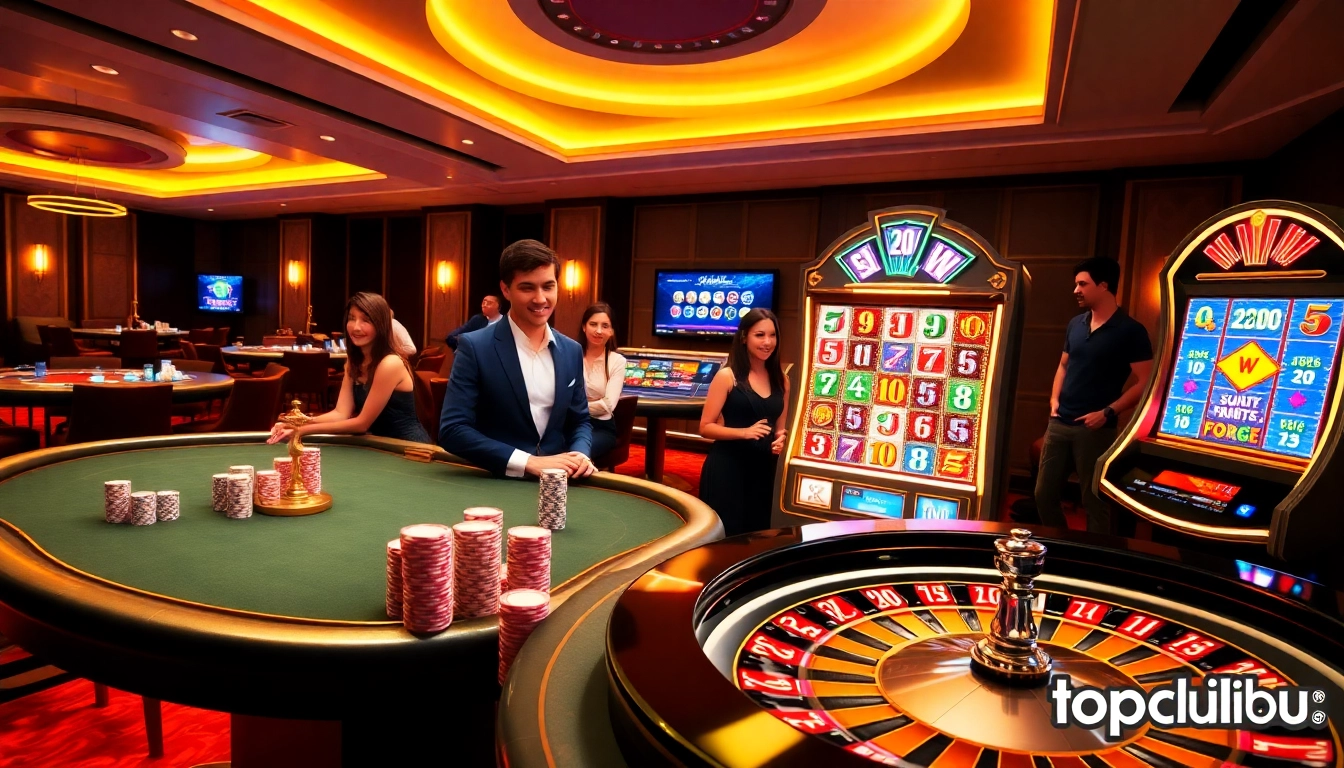 topclub players enjoying a vibrant and luxurious online casino experience with poker tables and a roulette wheel