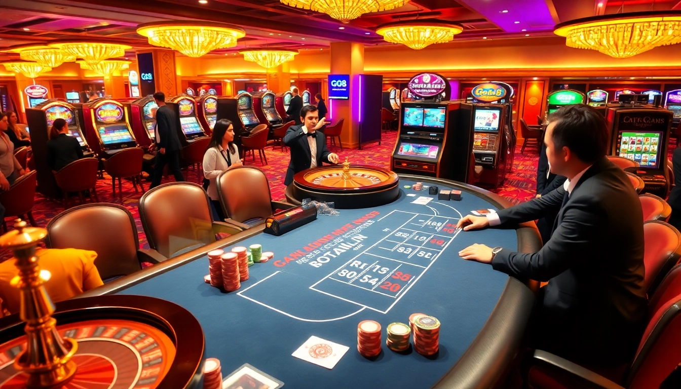 Excited players engaging at a Go8 casino table with vibrant games and modern technology.
