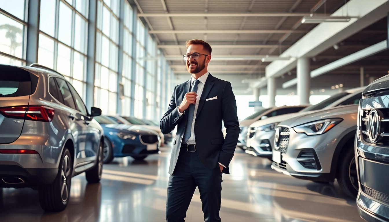Auto kaufen: A customer engaging with various car models in a modern dealership.