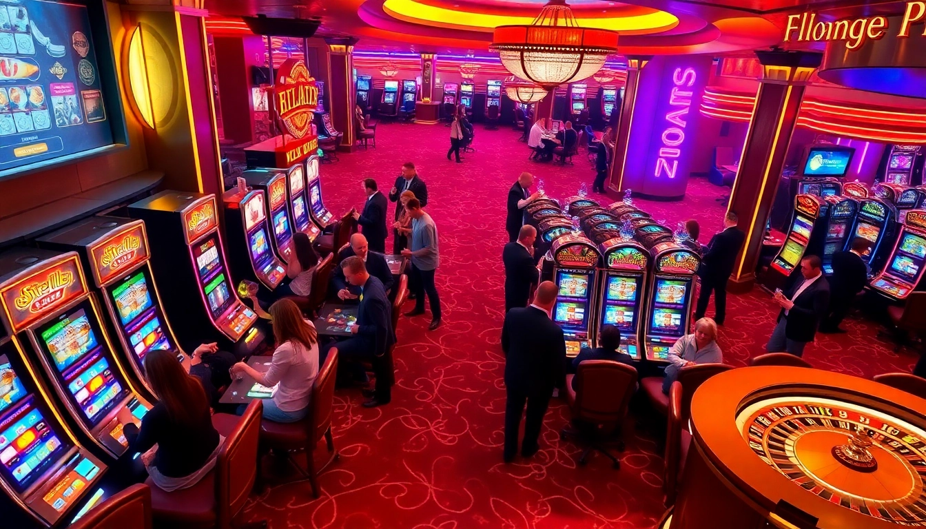 MMOO players celebrating wins at a vibrant casino with colorful slot machines and poker chips.