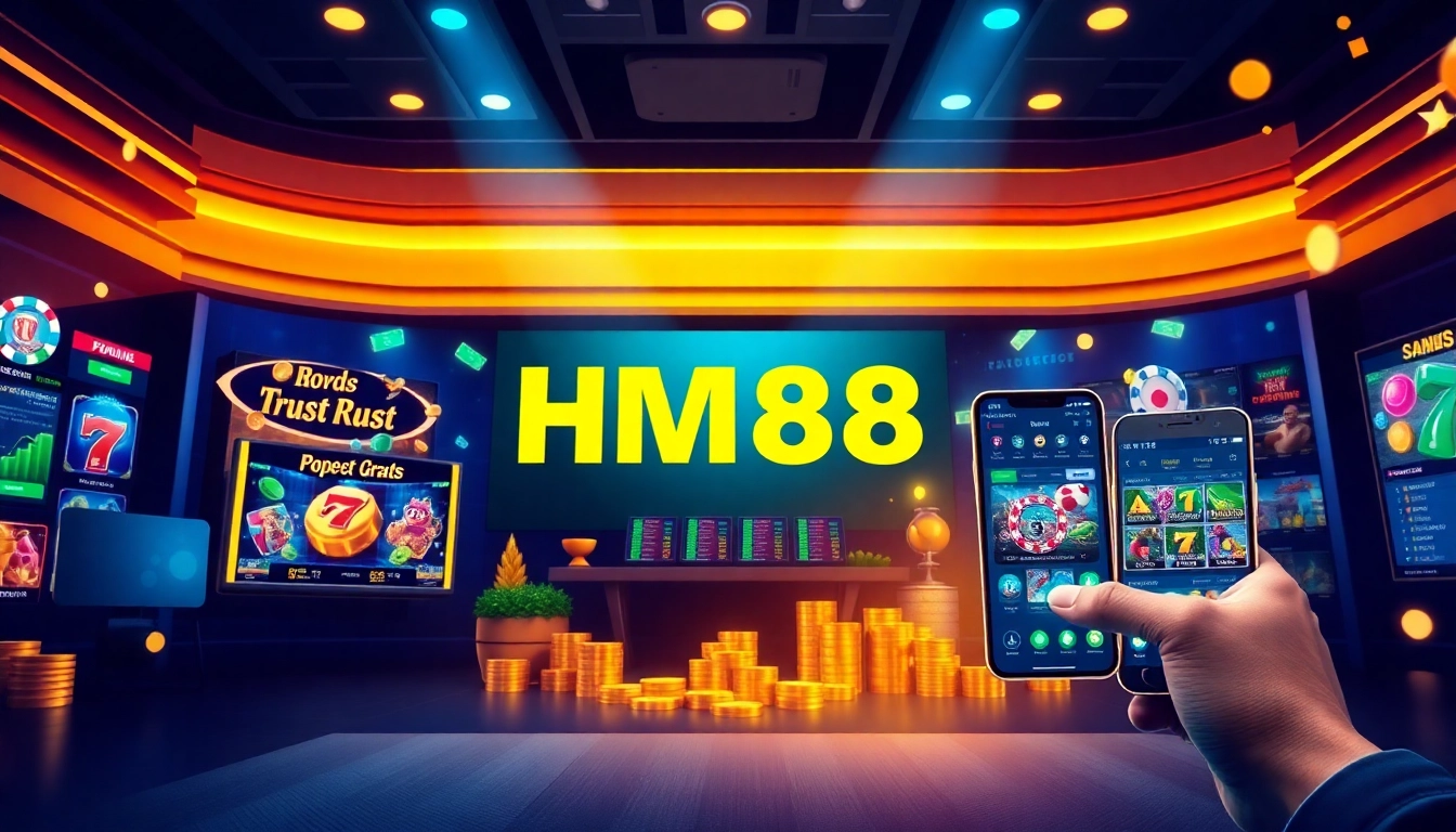 Explore the dynamic HM88 bet online gaming experience with exciting visuals showcasing casino games and user-friendly interfaces.