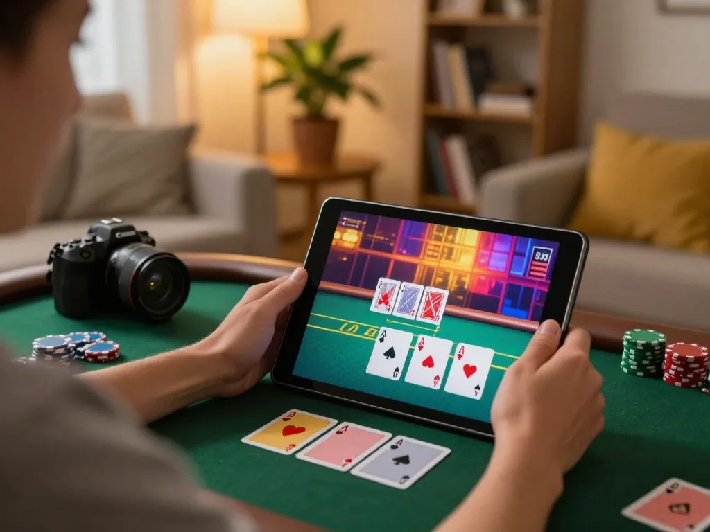 Engaging in Thủ thuật cá cược go8 with strategic online poker gameplay on a tablet in a cozy home setting.