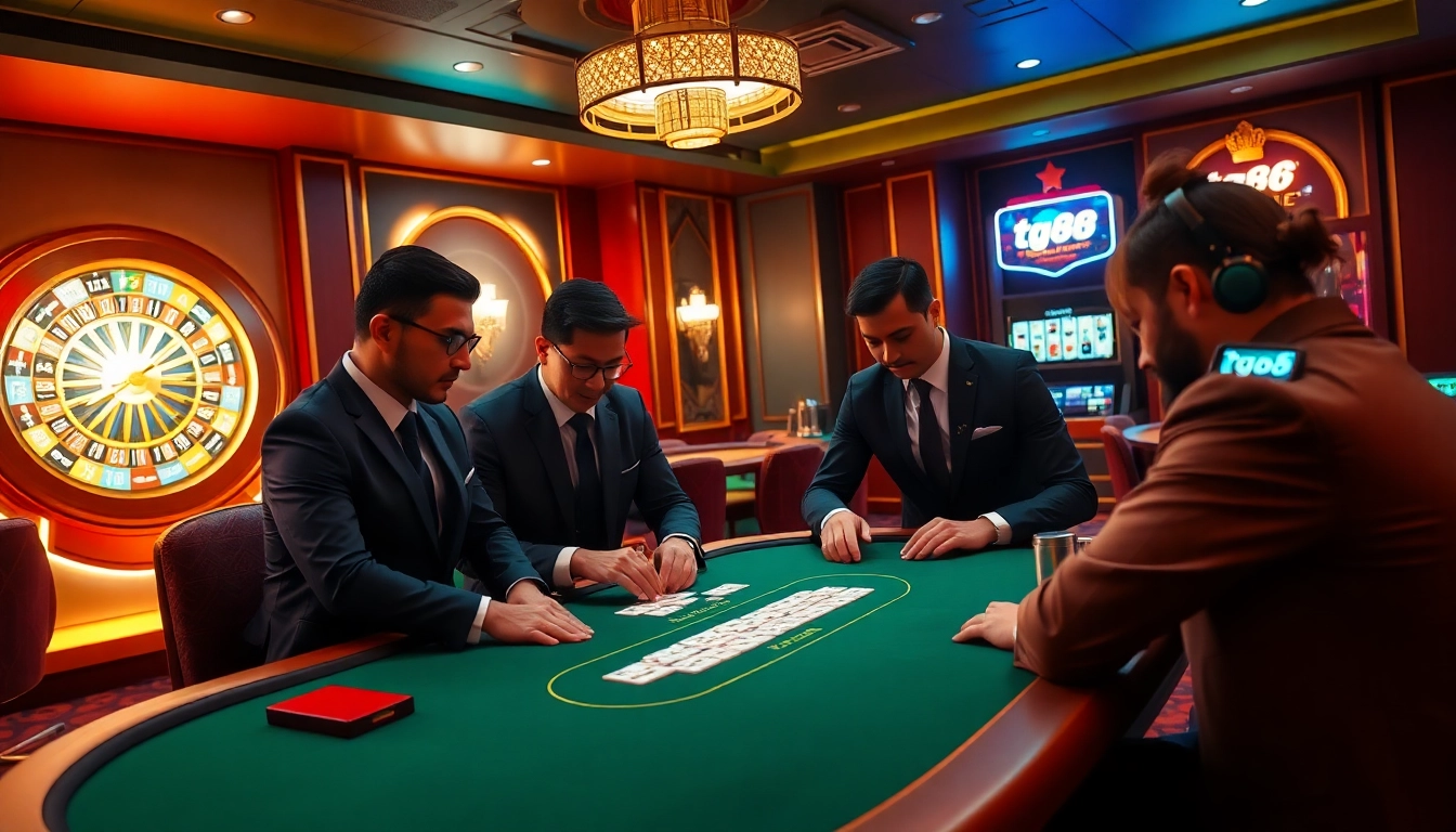 Experience the excitement of tg88 at a luxurious poker table in a vibrant casino.