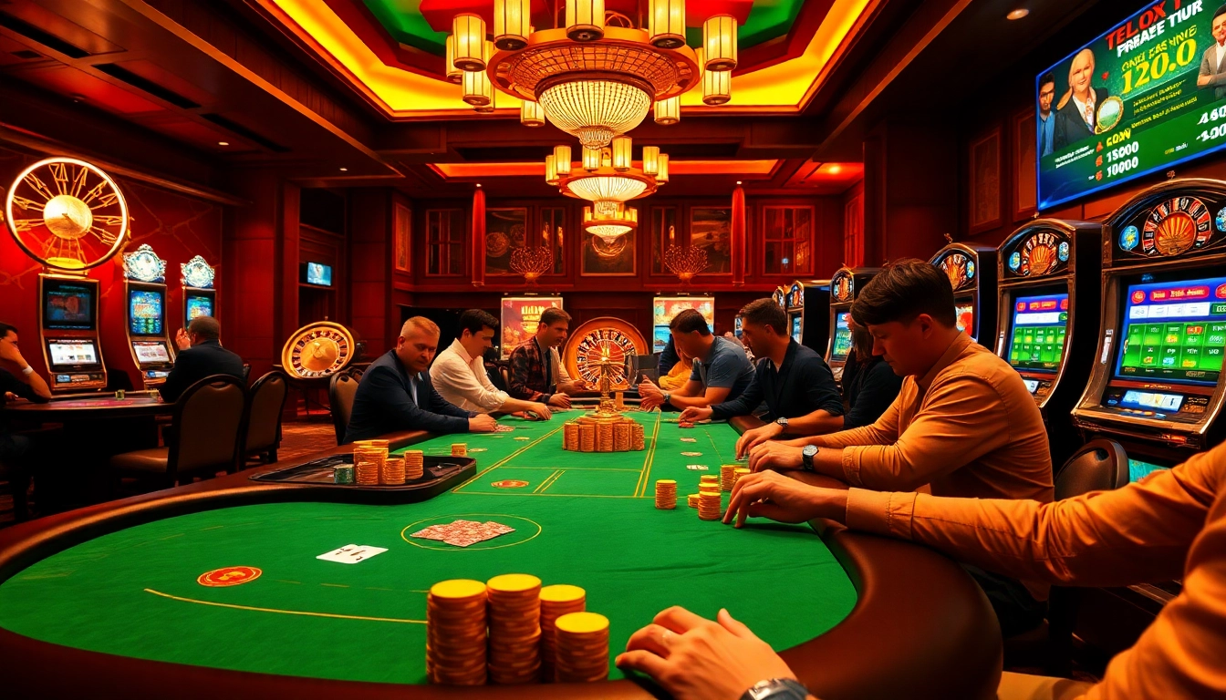 Exciting casino scene with vibrant tables, a plagiats check digital interface, and players engaged in games.