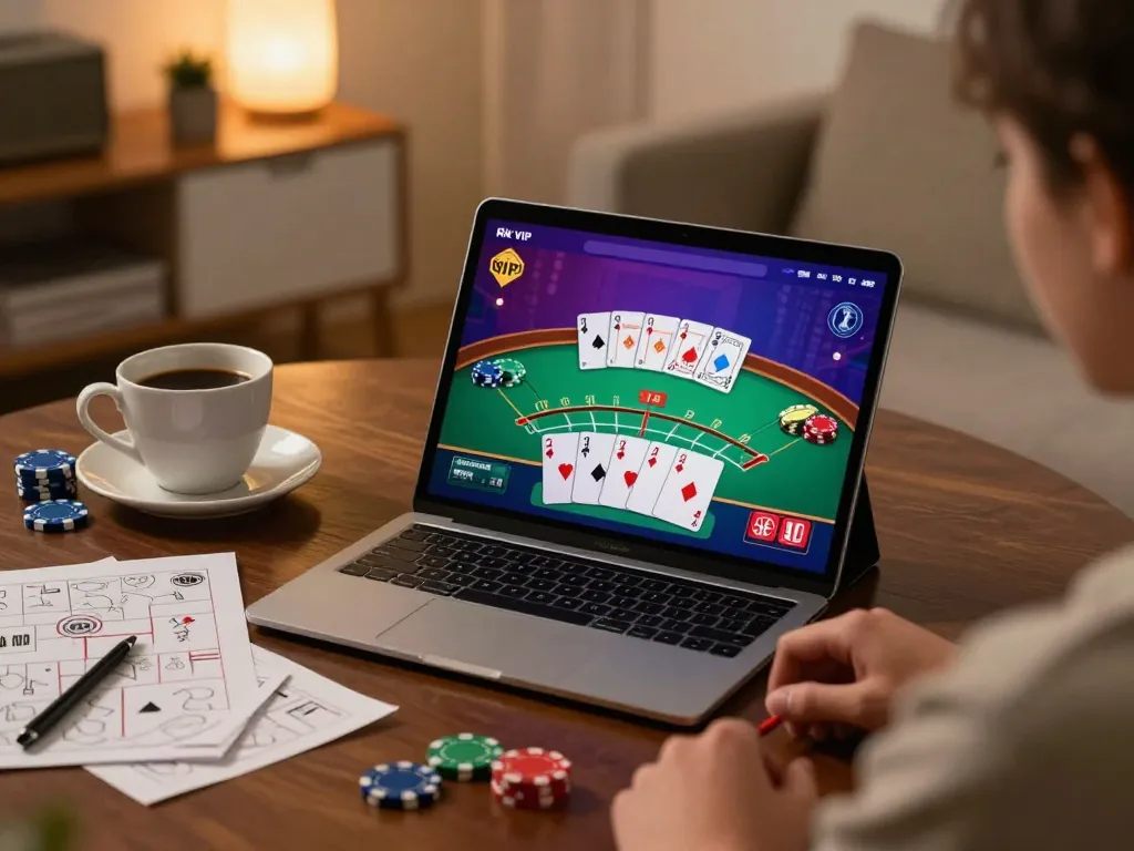 Playing exciting blackjack online with Rik VIP app on a tablet in a cozy home setting.