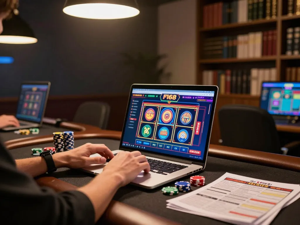 Engaging in strategic gameplay at F168 online casino with vibrant slots and cozy setup