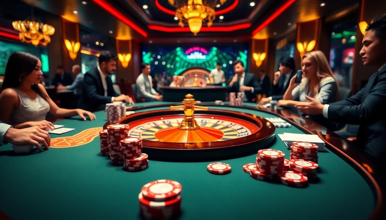 Xocdia88 online casino table with vibrant poker chips and a roulette wheel.