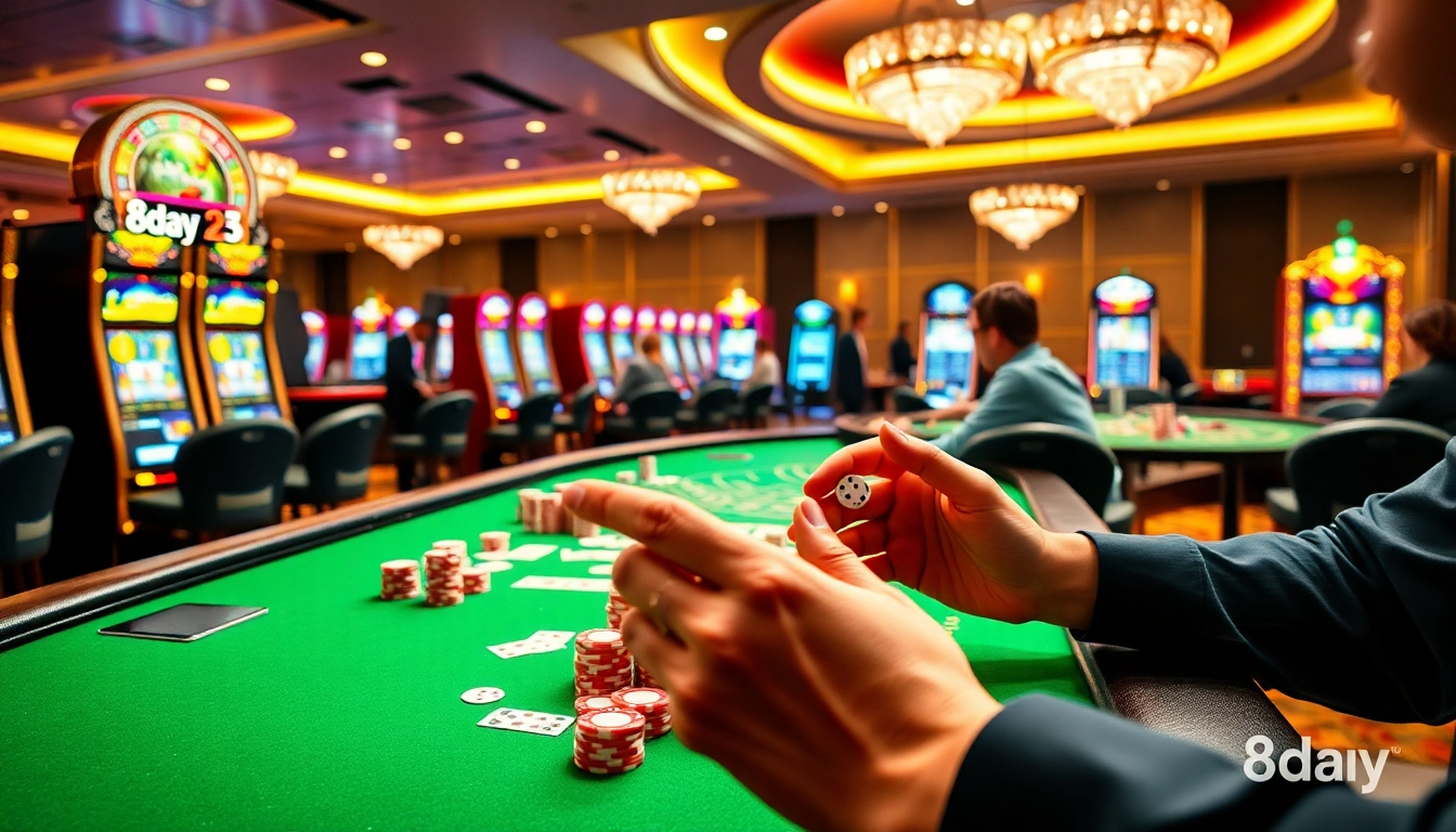 Experience the excitement of 8day casino with vibrant games, poker chips, and lively gamblers.