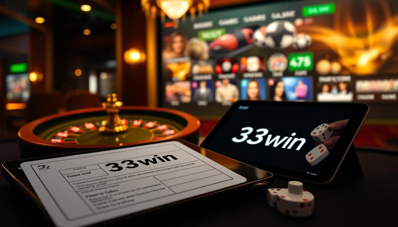 33win betting scene with poker chips and roulette setup, inviting gamers to join exciting online play.