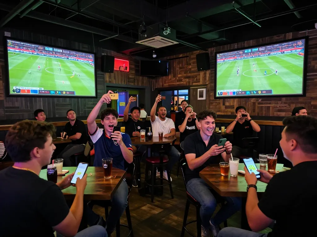 Exciting scene as fans engage in live football betting on 7m-7m during a match.